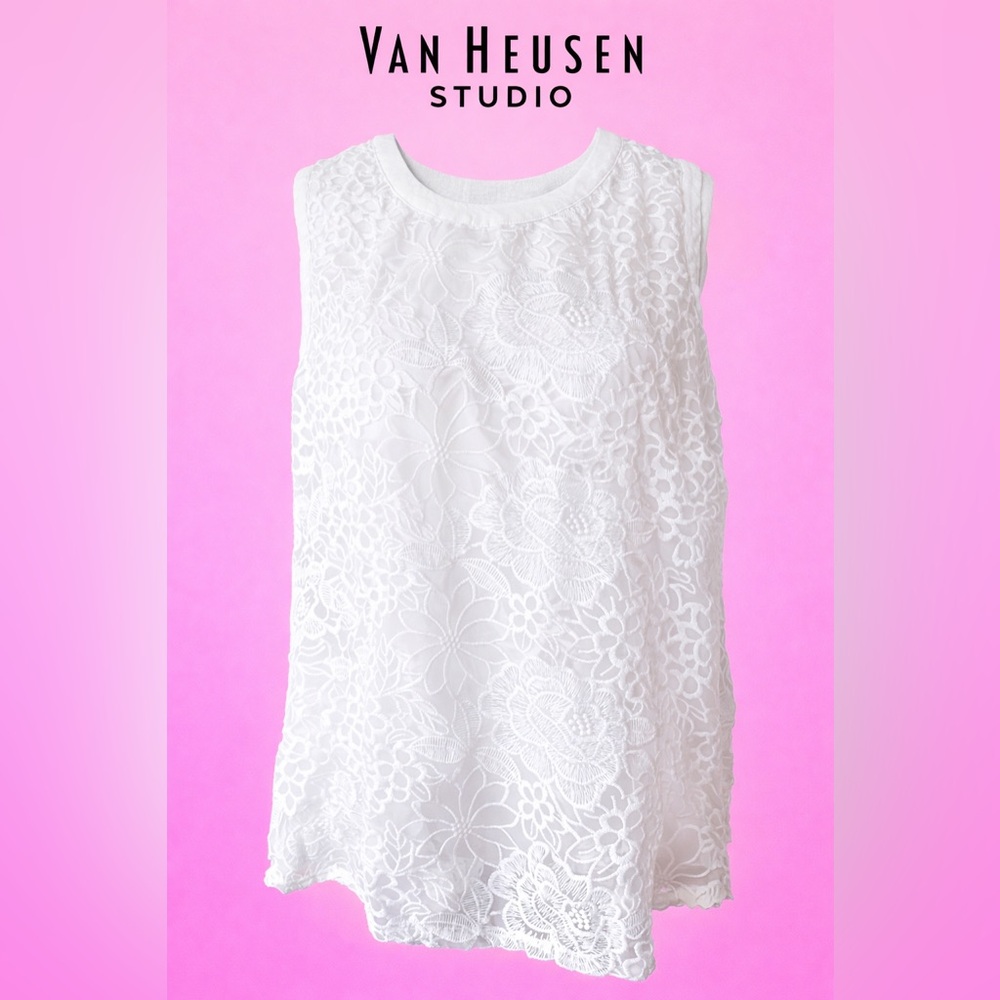 Van Heusen Studio White Lace Cotton Blend Sleeveless Blouse XL Floral Overlay